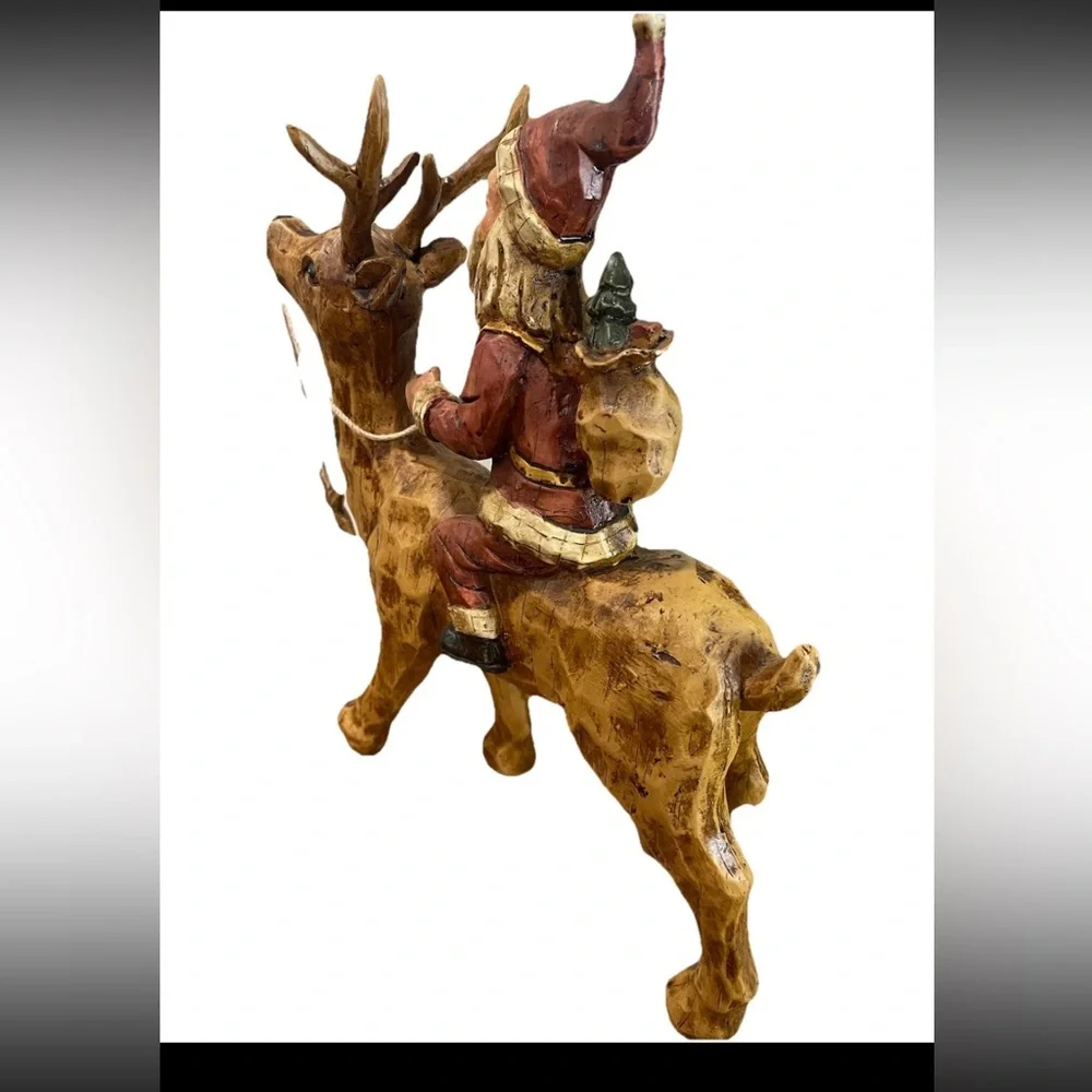 Primitive Folk Art Santa riding Reindeer 12”‎ tall chiseled resin faux wood